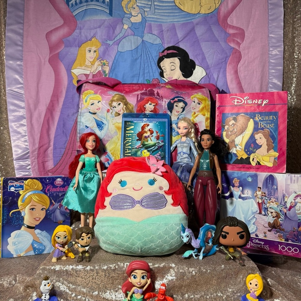Disney Princess Bundle Ariel Elsa Raya Dolls Squishmallow Blanket NEW Puzzle Lot